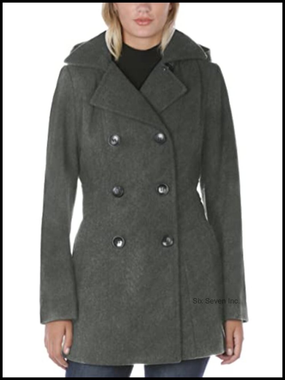 Soft Wool Blend Peacoat Double Breasted Removable Hood Winter Coat